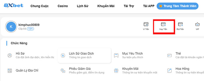 Nạp tiền vào 8XBET